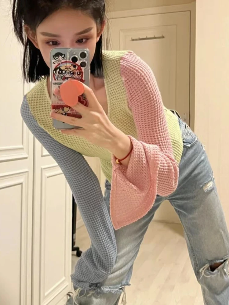 

Korobov Contrasting Colors Solid Crop Cardigan Sun Protection Knitwears Flared Sleeve Sweater Korean Fashion Sweet Y2k Top