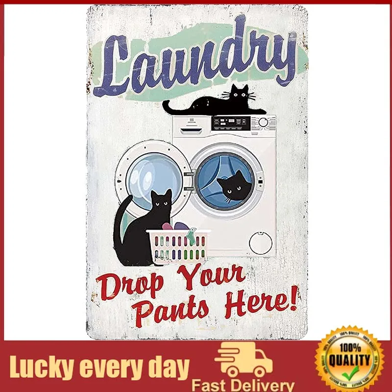 

Laundry Black Cat Metal Sign Vintage Home Shop Garage Wall Decor room decor restroom accessories laundry room decor