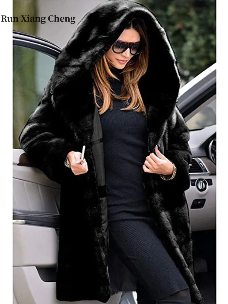 2023 New Free Shipping Winter Warm Hooded Coat Faux Fur Jacket for Women Solid Color Loose Plush High Street Leisure Style Coat