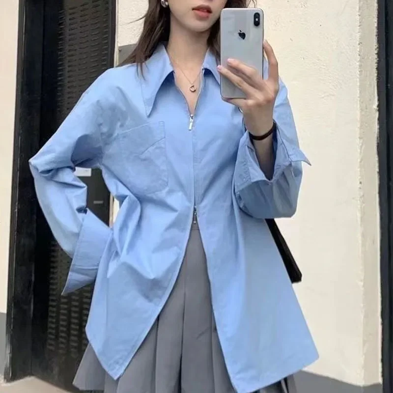 Женская тонкая свободная офисная одежда на молнии с длинным рукавом и отложным