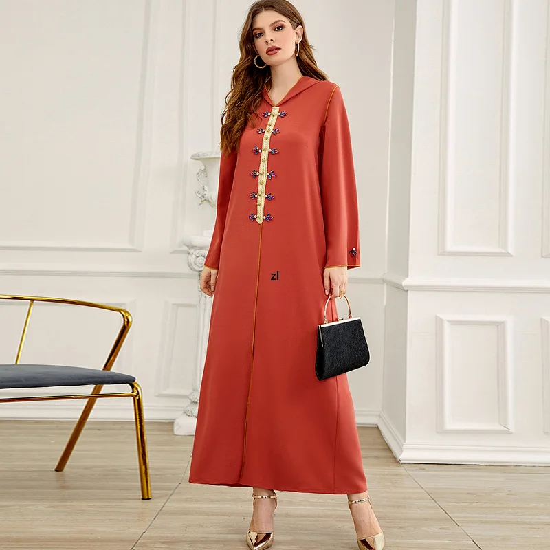 Fashion Muslim Dress Army Green Hand Sewn Diamond Hood Ladies Arabian Maxi Dress 2022 New Kaftan Abayas Djellaba Moroccan