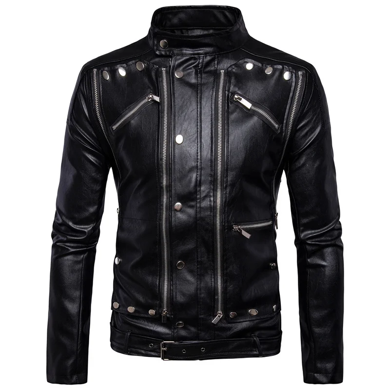 New Fashion Motorcycle Biker Leather Jackets Multi-zipper Black Men Leather Jackets Coats Jaqueta De Couro Masculina 5XL