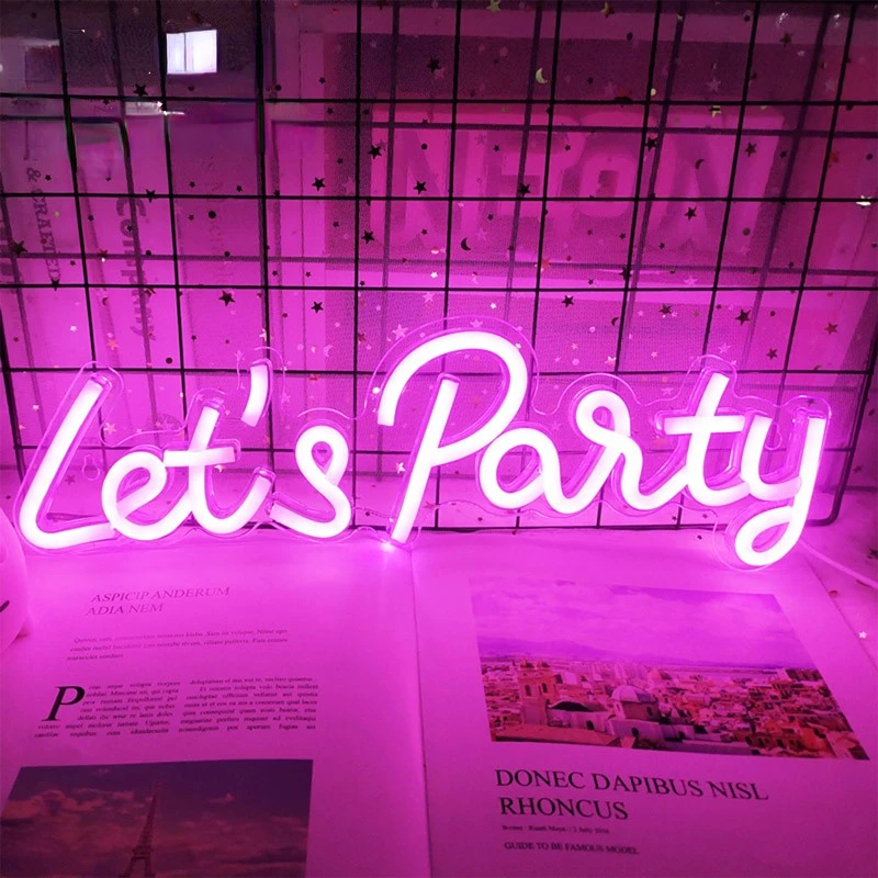 

Lets Party Neon Sign Pool Garden Birthday Celebrate Home Bar Shop Arcade Club Word LED Light Wall Decor USB Gift Lamp