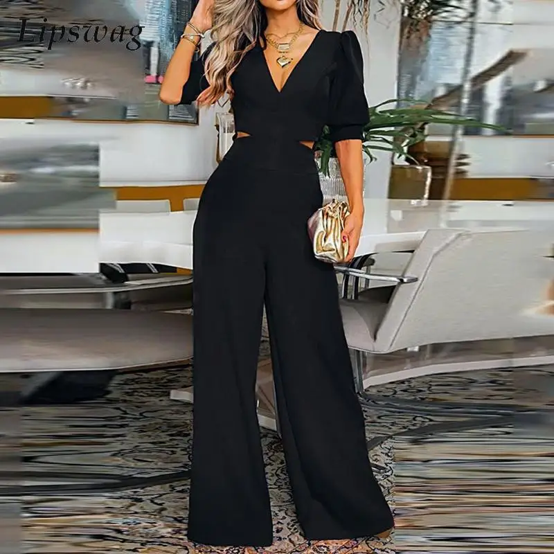 

Elegant Office Lady Solid Jumpsuit Women Sexy Cut Out V Neck Romper Bodysuit Fashion Causal Loose Wide Leg Pant Playsuit Overall