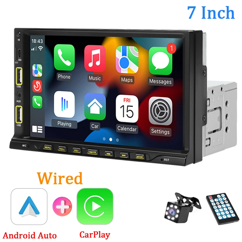 

7-дюймовый автомобильный радиоприемник 1 Din Carplay Android Auto MP5 Мультимедийный плеер Сенсорный экран FM Aux Вход Bluetooth USB Mirror Link Универсальный