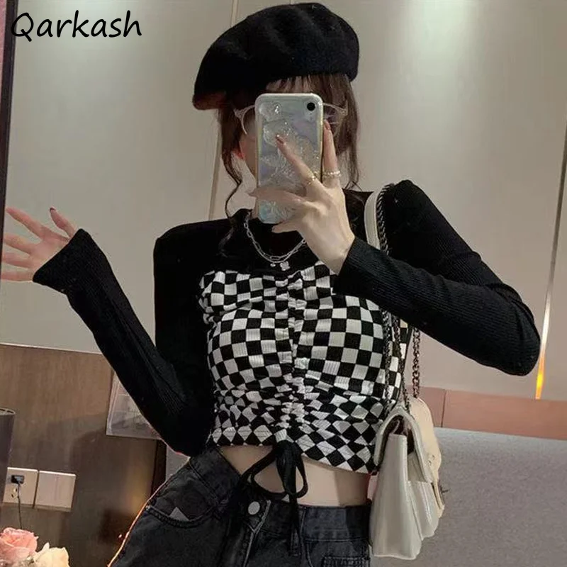 

Fake Two Pieces T-shirts Women Chic Patchwork Trendy Ulzzang Drawstring Casual Fold Cropped Tops Girls Hot Sexy Streetwear Plaid