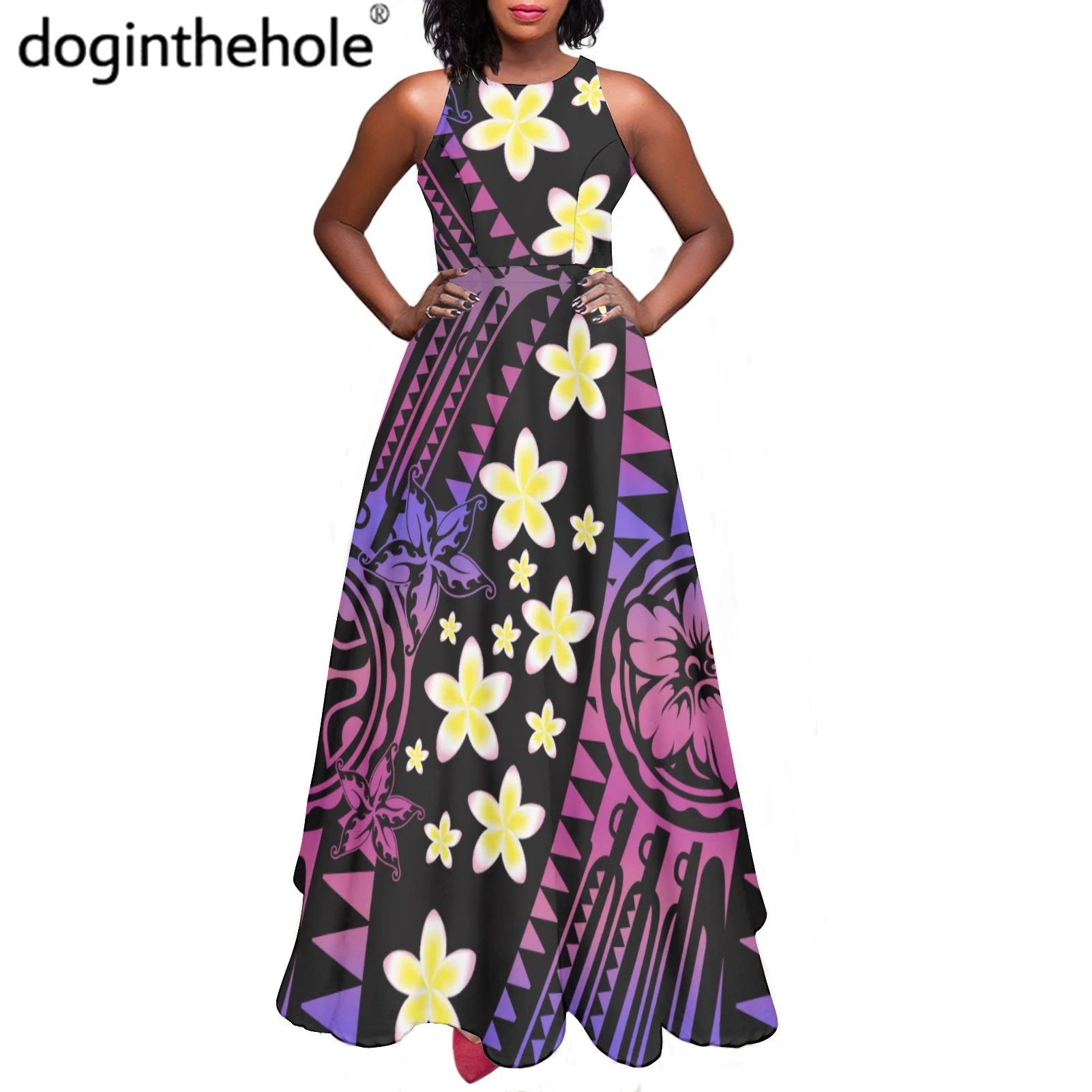 

Purple Gradient Color Women Sleeveless Long Dresses Hawaiian Polynesian Plumeria Print High Waist Maxi Dress Casual Party Dress