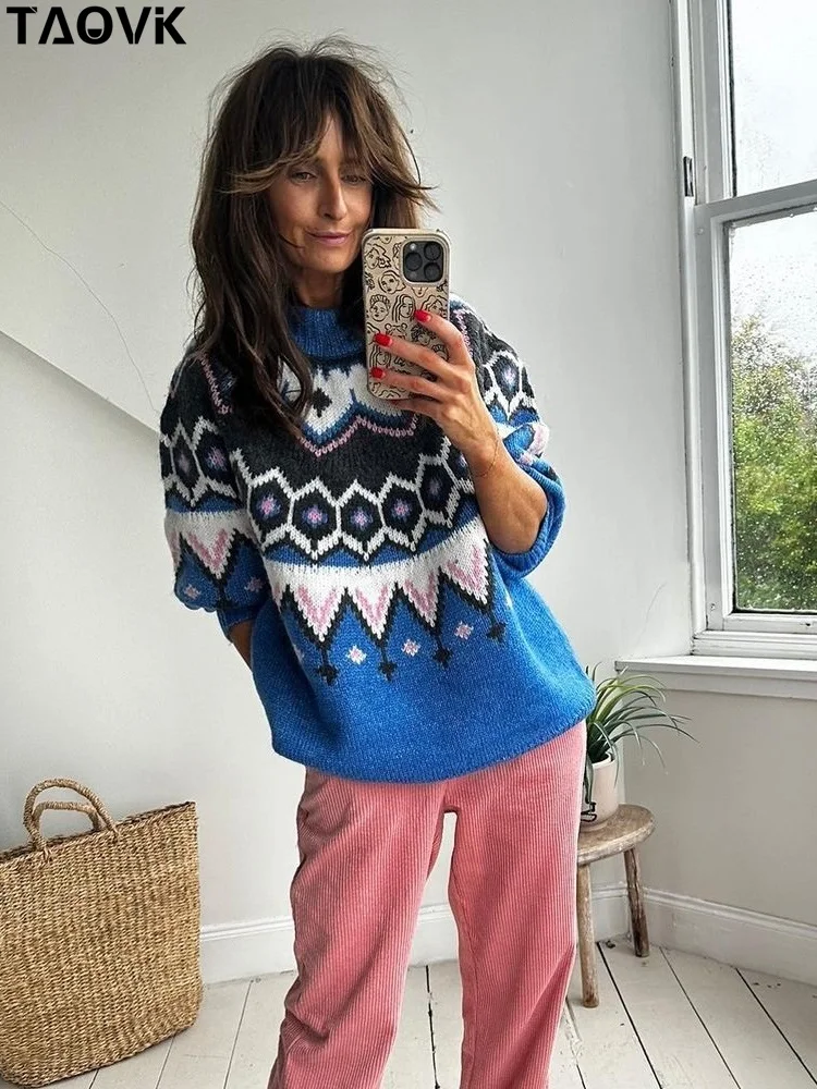 

TAOVK Women Sweaters Half-high Neck Geometric Pattern Color-blocking Pullovers Female Knitted Loose Blue Tops Sweater Jumper