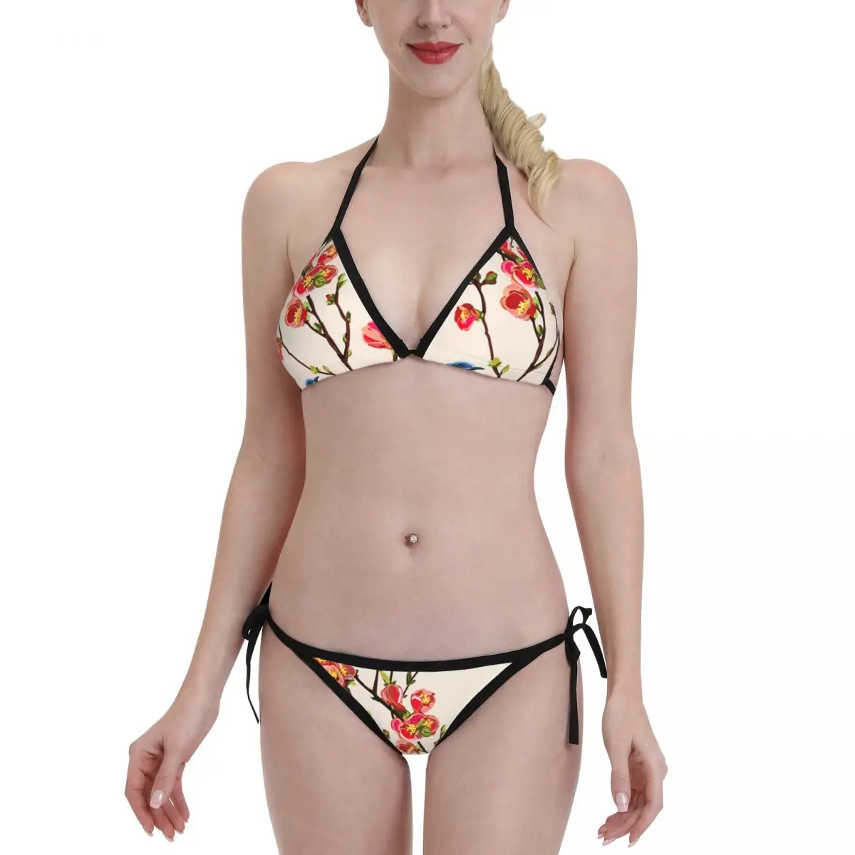 

Tropical Japanese Flowers Swimsuit Women Bikini Push Up Sexy Wear Spring Beautiful Birds Beach Wear Halter Bathing Suit