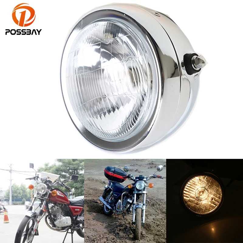 

POSSBAY 6,5 дюйма Хромированная фара мотоцикла Янтарная фара для Honda Yamaha Suzuki GN 125 передний свет Luces аксессуары для мотоциклов