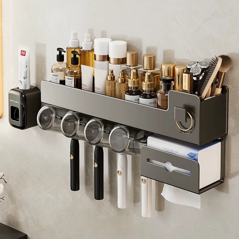 

Wall Mounted Toothbrush Holder Space Saving Aluminum Toothpaste Cosmetics Storage Shelf Rack For Household Bathroom Accessories