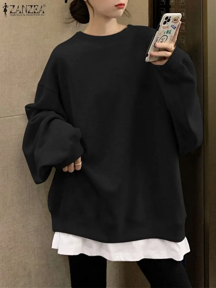 

ZANZEA Oversized Female Stylish Casual Elegant Tops Autumn Fashion Hoodies Full Sleeve O-Neck Patchwork Sweatshirt Blouse 2022