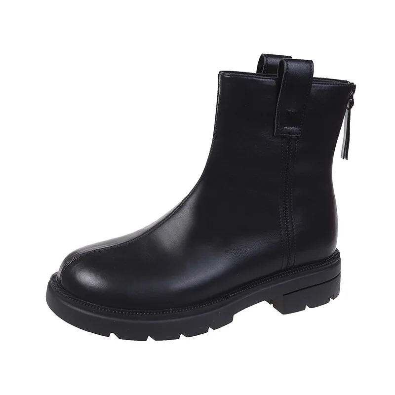 Women Thick Sole Short Boots Rear Zipper Round Flat Shoes Low Heel Fashion PU Mid Tube 2022 New
