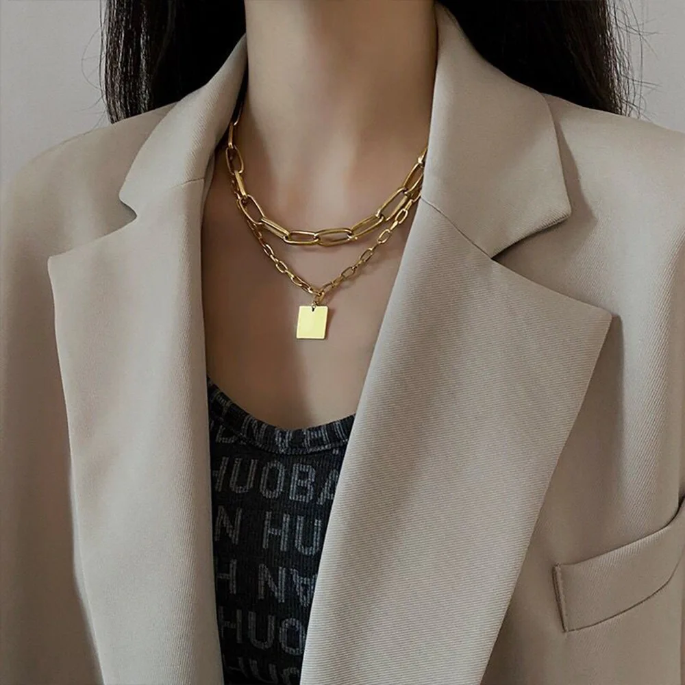 

Exaggerated Necklace Thick Chain Clavicle Chain Retro Square Brand Metal Overlay Choker Creative Exquisite Necklace