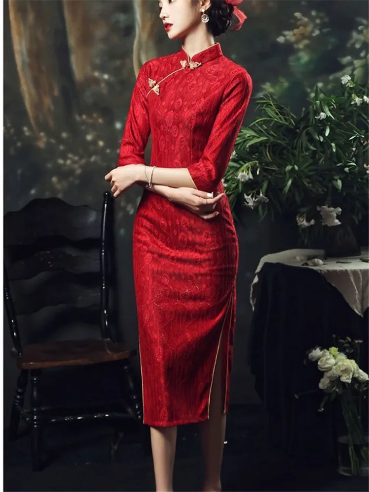 Платье Cheongsam в китайском стиле новинка весны и лета воротник-стойка рукав с пятью