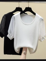 white diamonds top women sweater 2022 summer thin patchwork puff sleeve short sleeve sweaters knitted pullovers women clothing