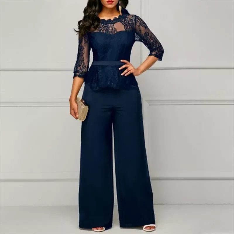 

New in 2022 New Spring Autumn Women Lace high waist 2 Pcs Pant Sets Solid Lace Top+ Long Pant Formal Wear Casual Sets Wide leg p