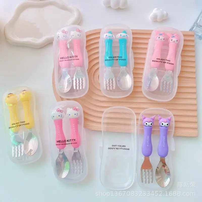 

Kawaii Sanrios Hellokittys Kuromi Mymelody Cinnamoroll Two Piece Set of Forks and Spoons Silicone Handle Anime Toys For Girls
