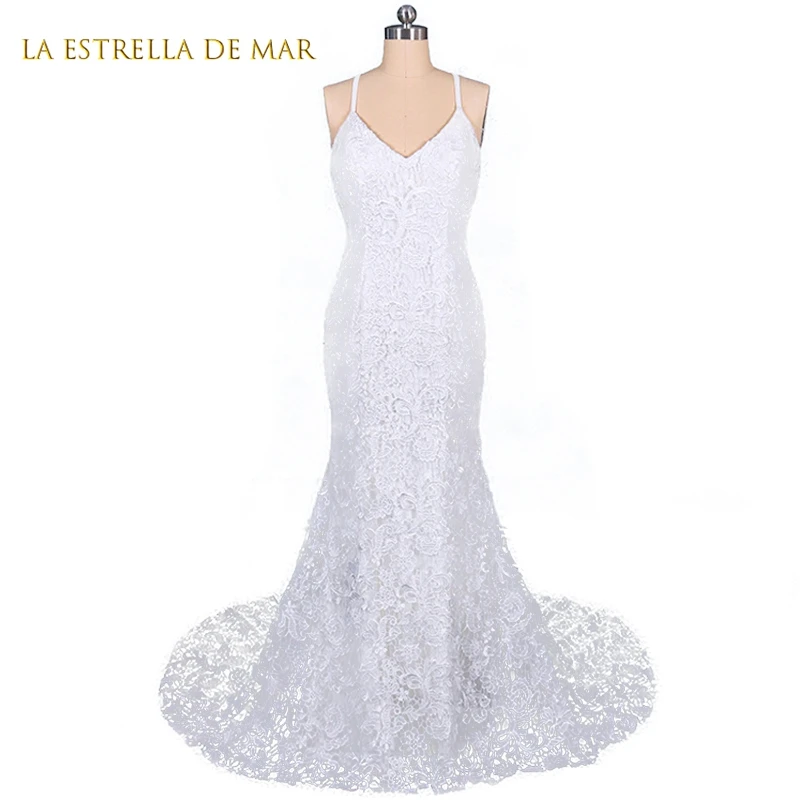 

Lace Wedding Dress Mermaid Backless V neck Spaghetti Straps vestido novia bohemio Sweep Train robe sirene mariage Simple Bride