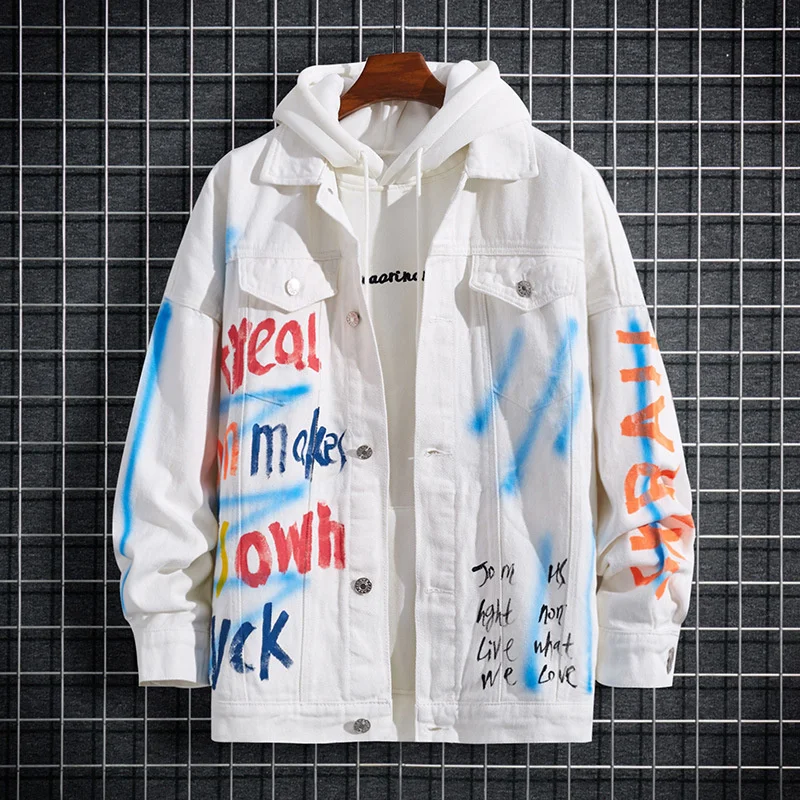 

Men's denim jacket Printed Denim Jacket Painted White Jean Coat Streetwear Casual Top Outerwear Size: S-3XL
