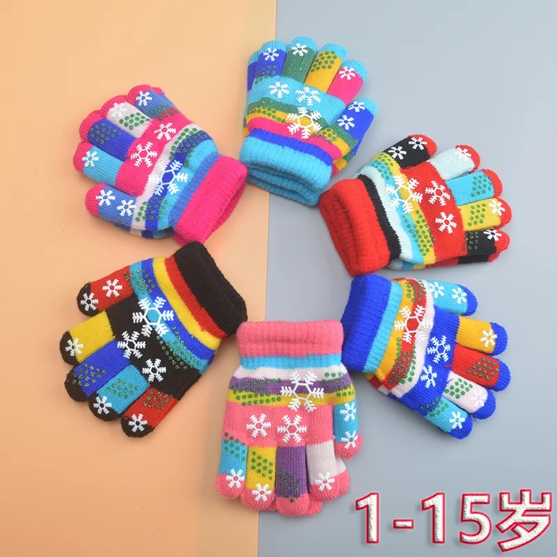 

Autumn and Winter Children's Gloves Warm Color Snowflake Baby Children Boys and Girls Students Children Five Fingers Double Thic