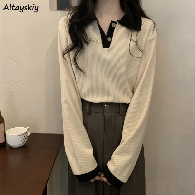 

Women Turn-down Collar T-shirts Casual Autumn Tops Loose Design Simple Cute Korean Style All-match Students Fashion Mujer Daily