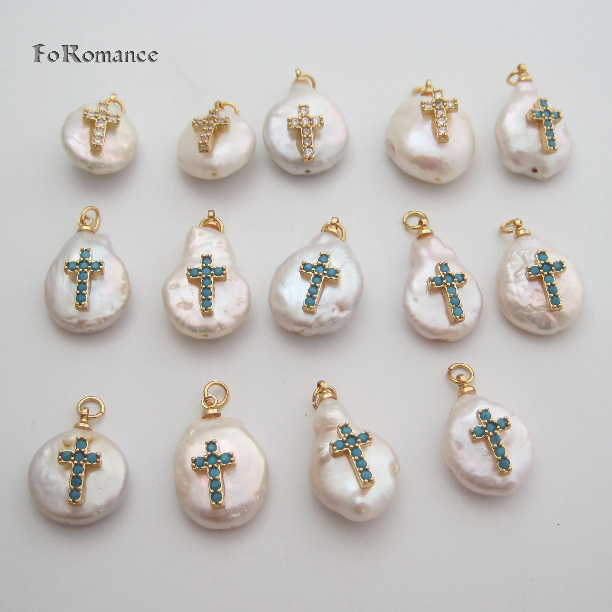 

YELLOW GOLD PLATED 18" WATER WAVE NECKLACE JESUS CROSS GOD RELIGIOUS CHRISTIAN BLUE/ CLEAR STONE ON INREGULAR PEARL PENDANT