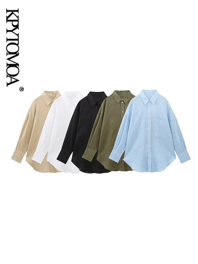 

KPYTOMOA Женская модная льняная рубашка большого размера с накладными карманами винтажная женская верхняя одежда с длинным рукавом на пуговицах шикарные топы