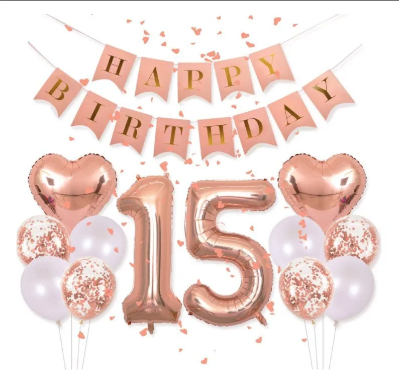 

JOLLYBOOM Rose Gold Birthday Party Balloon Set with Number Heart Foil Balloon for Girls 15th Birthday Party Supplies