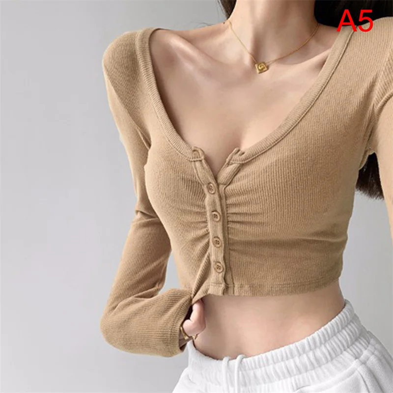 

Korean Slim V-neck Long Sleeve Bottomed Womens Tops And Blouses Navel Cardigan Solid Color Open Navel Knitted Cardigan