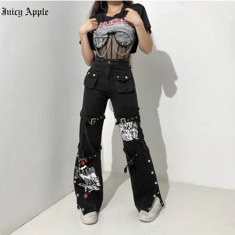 Женские джинсы с низкой посадкой и принтом в готическом стиле |