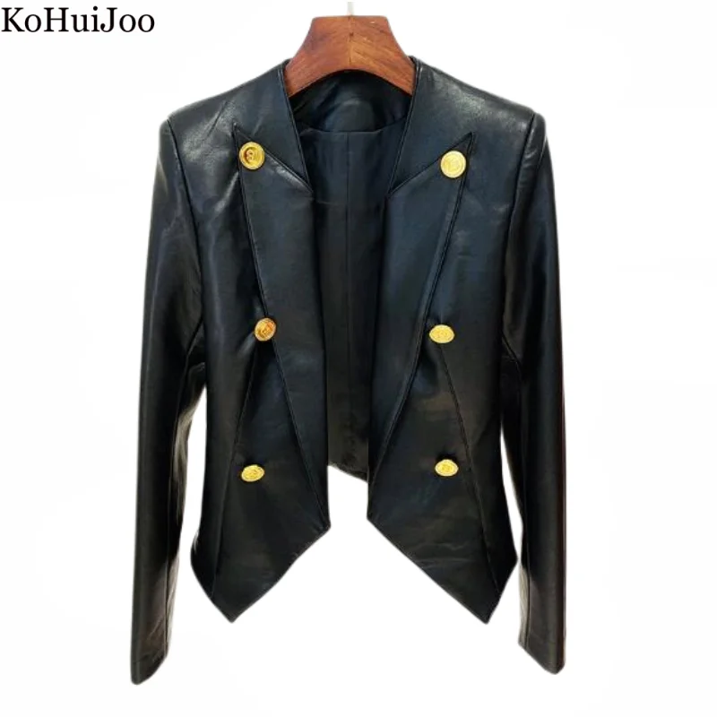 Enlarge KoHuiJoo  Autumn New In Jackets for Women 202 Golden Button Double Breasted Short Slim PU Leather Coat Woman Ladies Jacket Brown