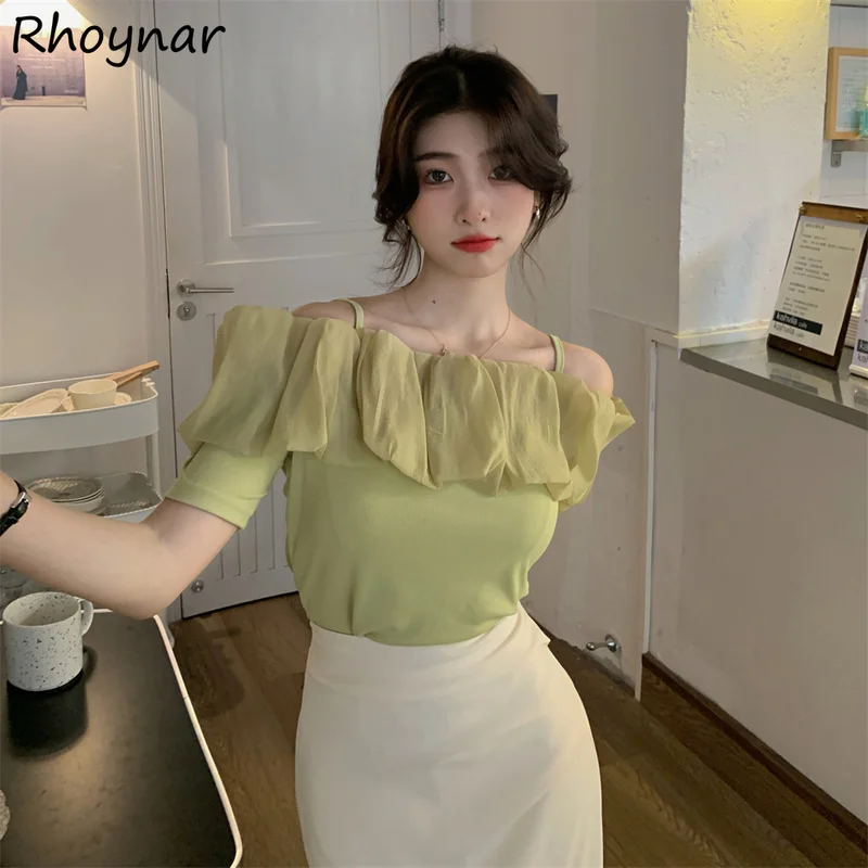

Blouses Women Slash Neck Sexy Elegant Summer Solid Ruffles Tender Fashion Loose Korean Style Office Female New 2022 Chic Young