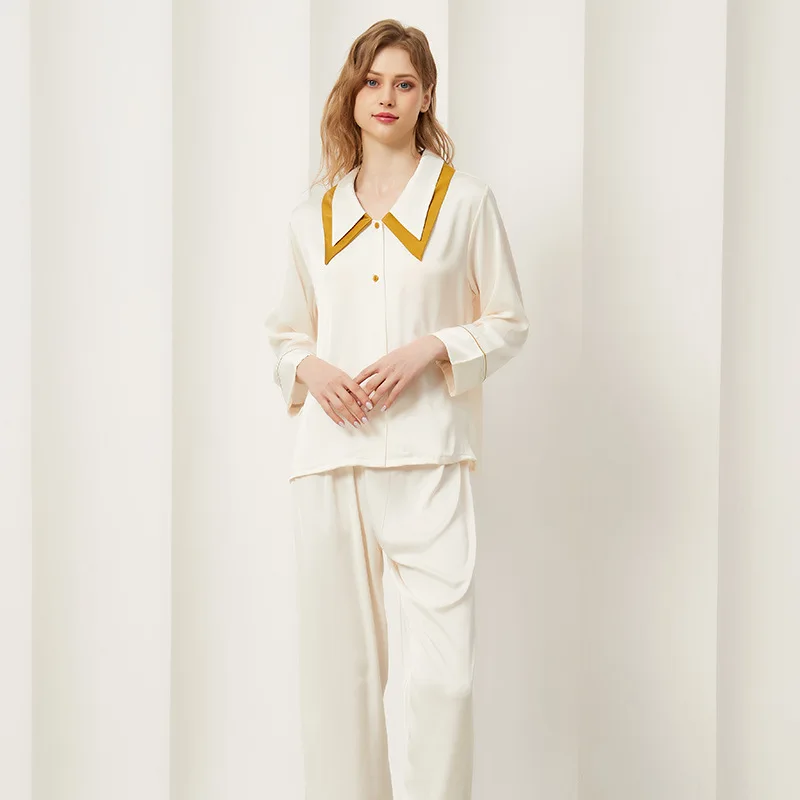 Elegant Silk Women Pajamas Set Turn-down Collar White Color Sleepwear Homewear Autumn Winter Pyjamas Two Pieces Nightwear