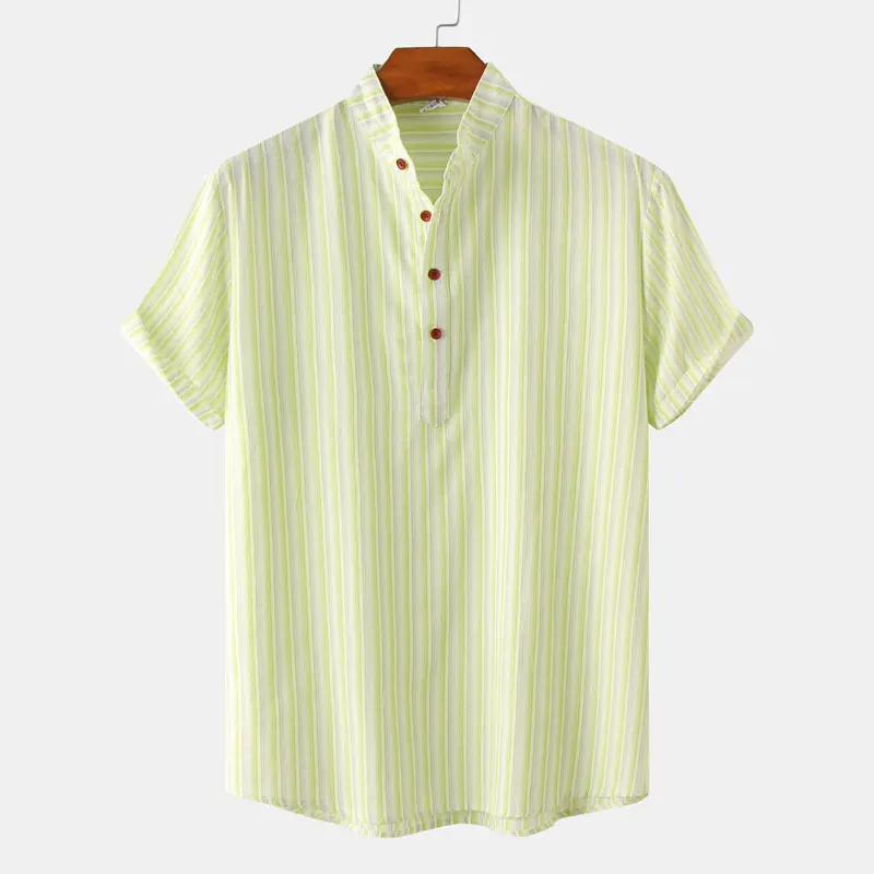 

Men's Cotton Collarless Striped Hawaiian Shirt Summer Short Sleeve Beach Top Shirt Men Casual Bright Holiday Vacation Clothing