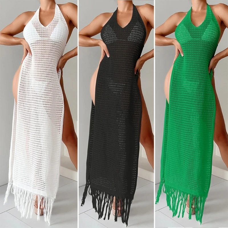 

Lady Tassel Swimsuit Cover Up Hollow out Bikinis Cover Up Women Knit Beach-Dress
