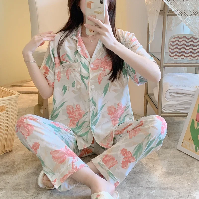 Женские атласные пижамные комплекты из двух предметов брюки с коротким рукавом и