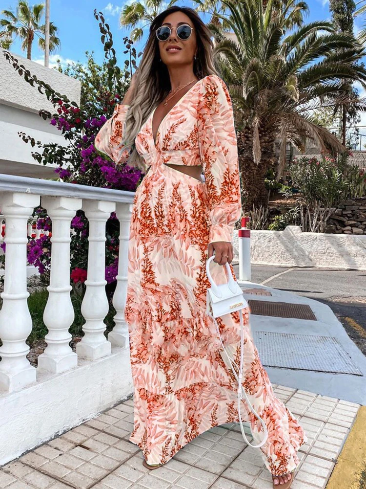 Sexy Deep V Neck Long Sleeve Maxi Dress 