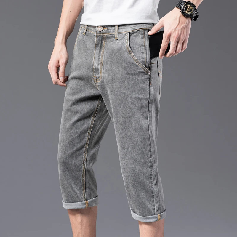 

Designer Denim Shorts Men's Zipper Anti-theft Summer Thin Simple Solid Color Straight Stretch Male Seven-point Short Jeans
