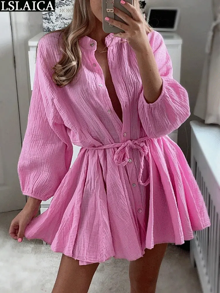 

Women Dress Womens Clothing Long Sleeve Spring Summer Elegant Pleated Bandage Dresses Mini Button Design Fashion Ladies Clothes