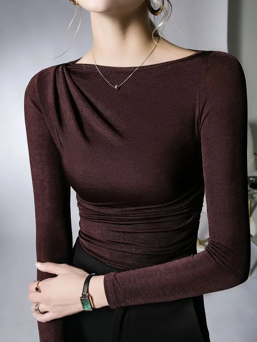 Футболка женская с длинным рукавом и воротником-лодочкой