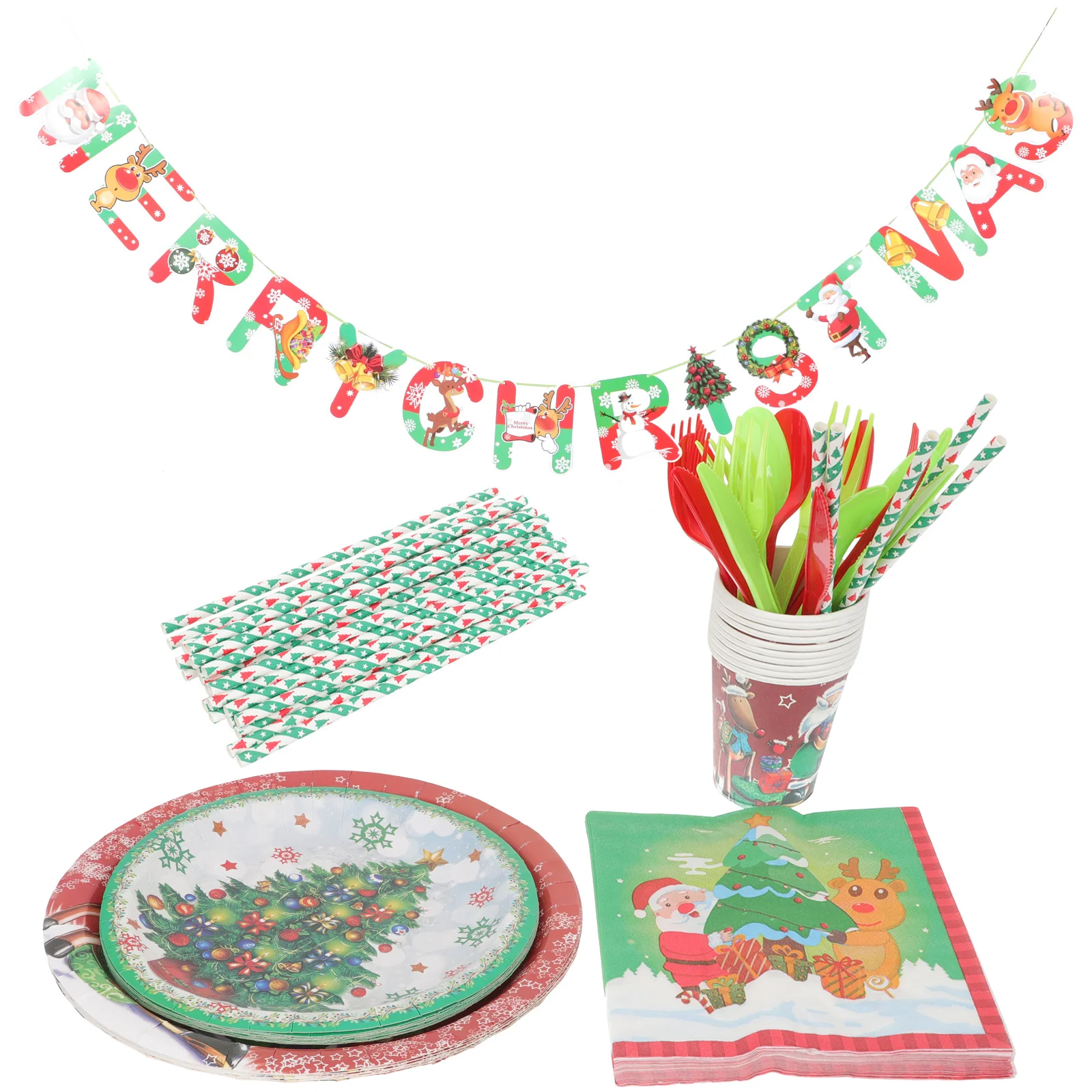 

Christmas Party Dinnerware Paper Plates Set Cupsdecorations Napkins Banner Merry Dinner Supplies Tableware Drinking Eve Napkin