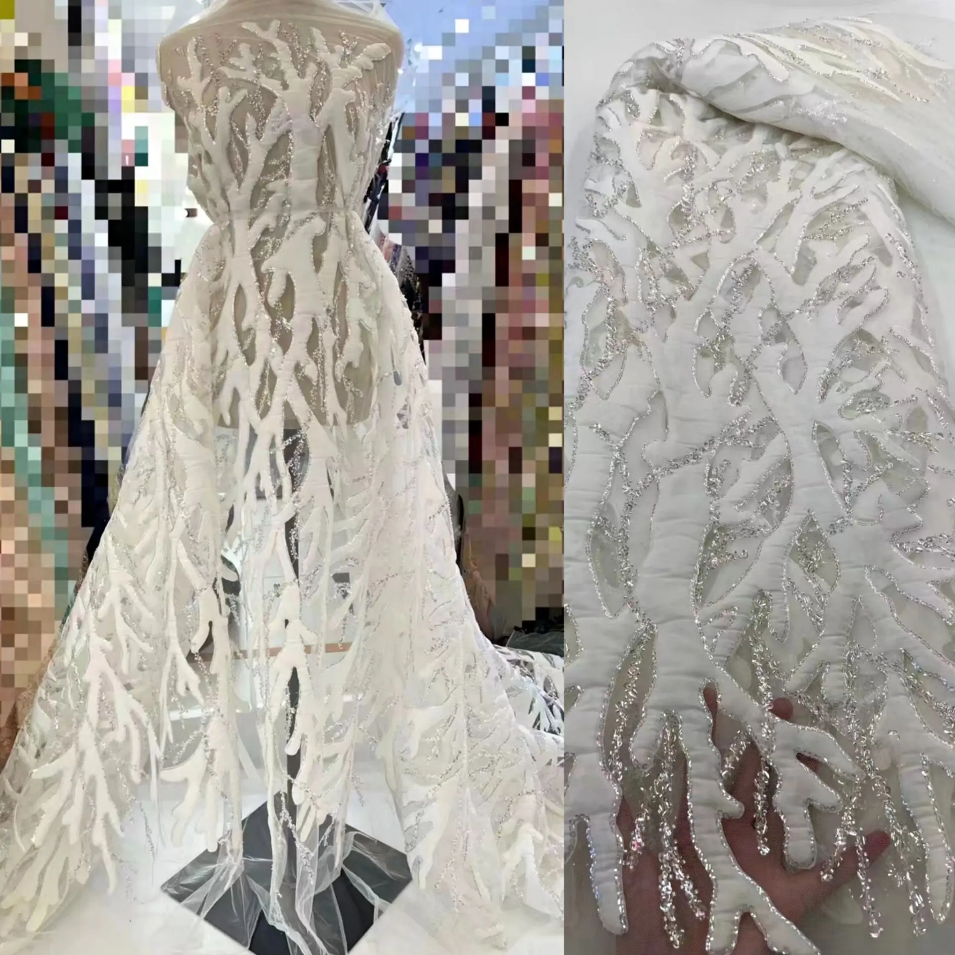 Lentejuelas blancas hechas a mano, bordado de encaje, Parche de malla, Apliques de encaje, tela de novia francesa, vestido de costura