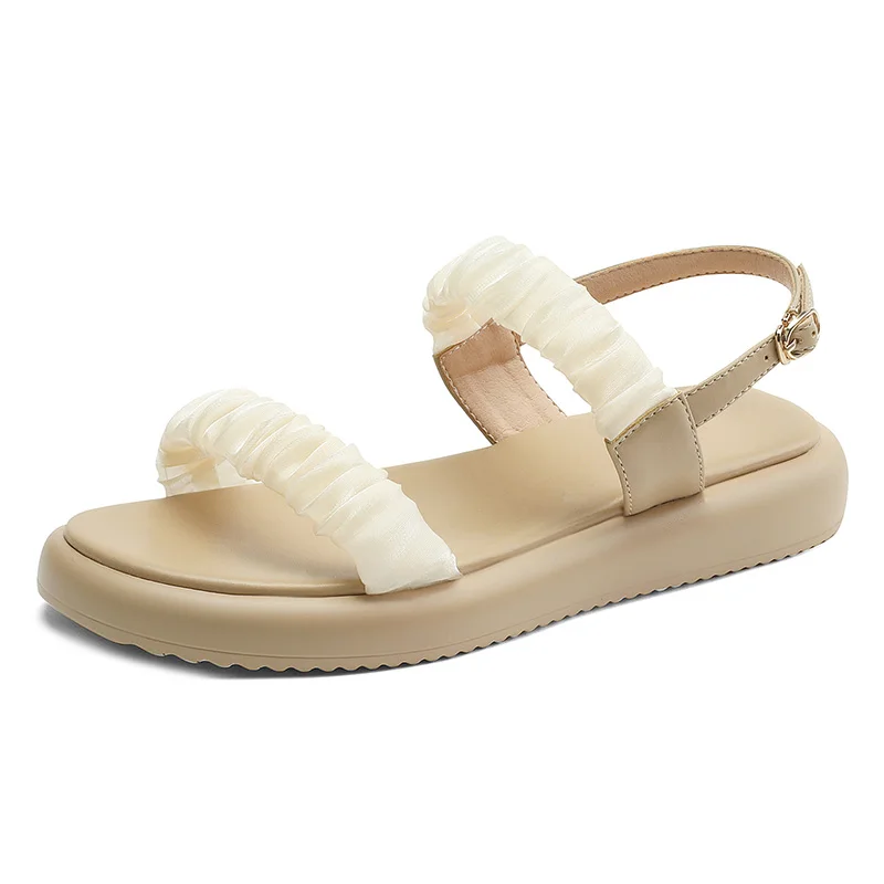 

Microfiber Platform Women Sandals New 2023 Summer Apricot Beige Open Toe Sandals Buckle T-Strap Ladies Casual Shoes Plus Size 42