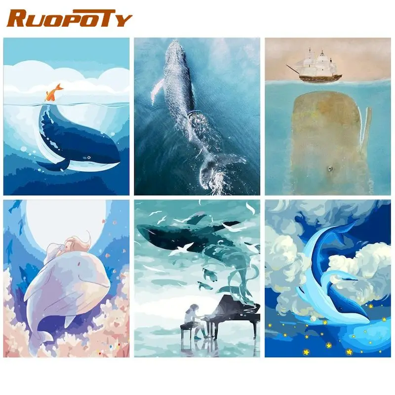 

RUOPOTY Acrylic Painting By Numbers With Frame Paint Kit Drawing By Numbers Whales Canvas Painting Home Decors Crafts Gift