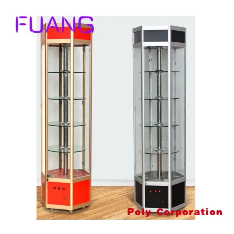 Hexagonal low speed motor 4 layers glass shelves rotating jewelry glass display case with led lighting