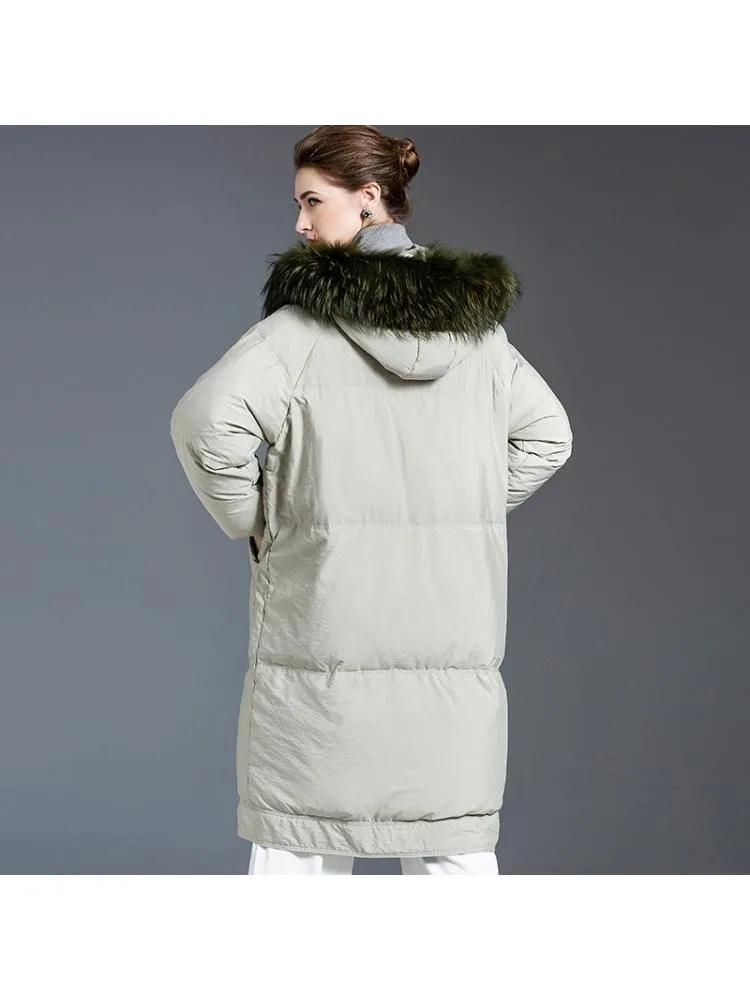 2022 Korean Winter Natural Raccoon Fur Collar Fashion Padded Soft Long 90 White Duck Down Coats Women Hooded Loose Warmer Jacket