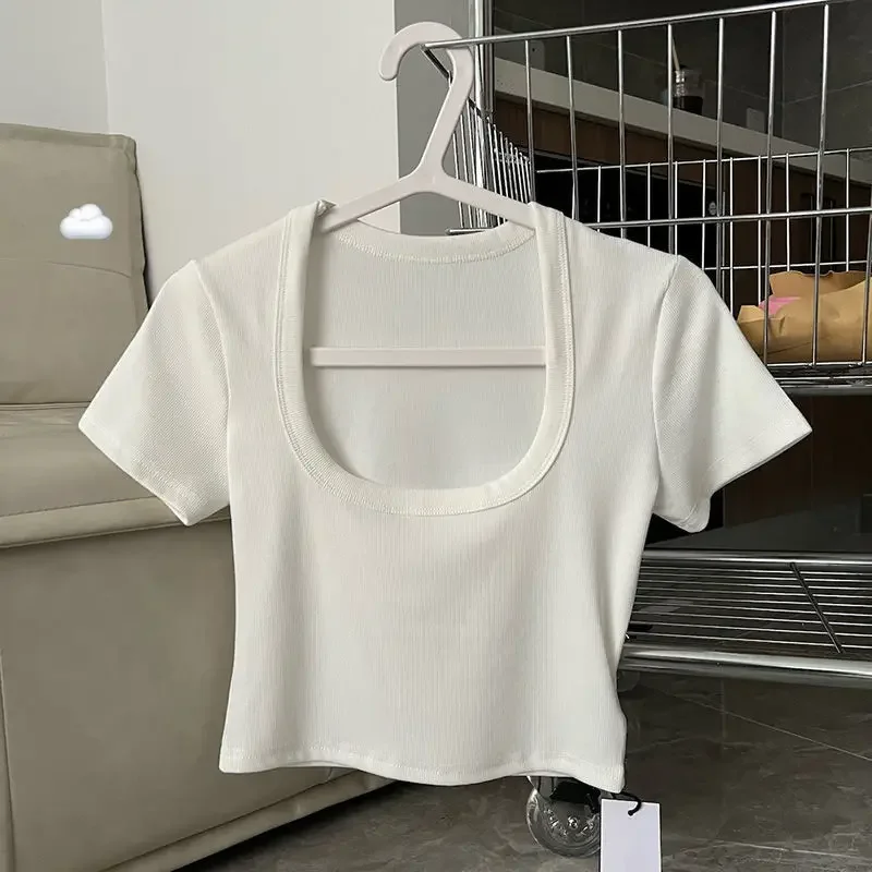 Корейская Яркая Цветная облегающая футболка с глубоким U-образным вырезом для