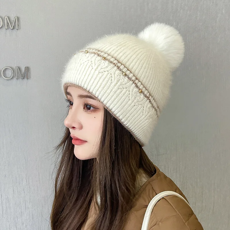 

Women Winter Knitted Rabbit Fur Beanies Hat Girl Pom Pom Striped Bead Wool Caps Keep Warm Thicken Plush Elastic Bonnet Skulllies