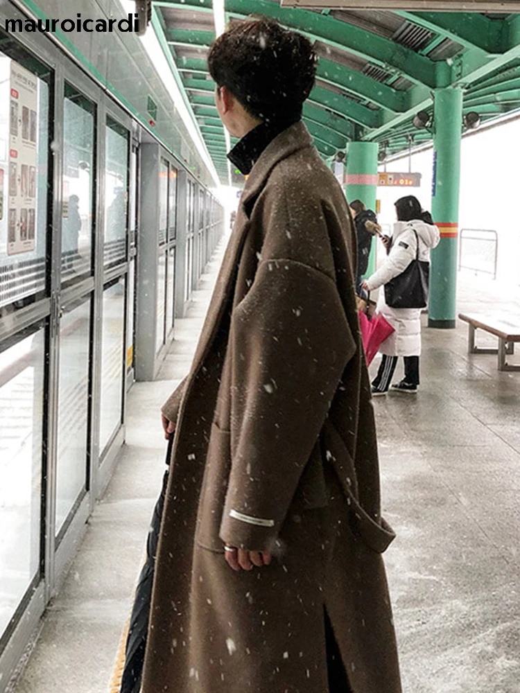 Mauroicardi Autumn Winter Long Khaki Black Soft Warm Trench Coat Men with Side Slit Sashes Loose Casual Korean Fashion 2022